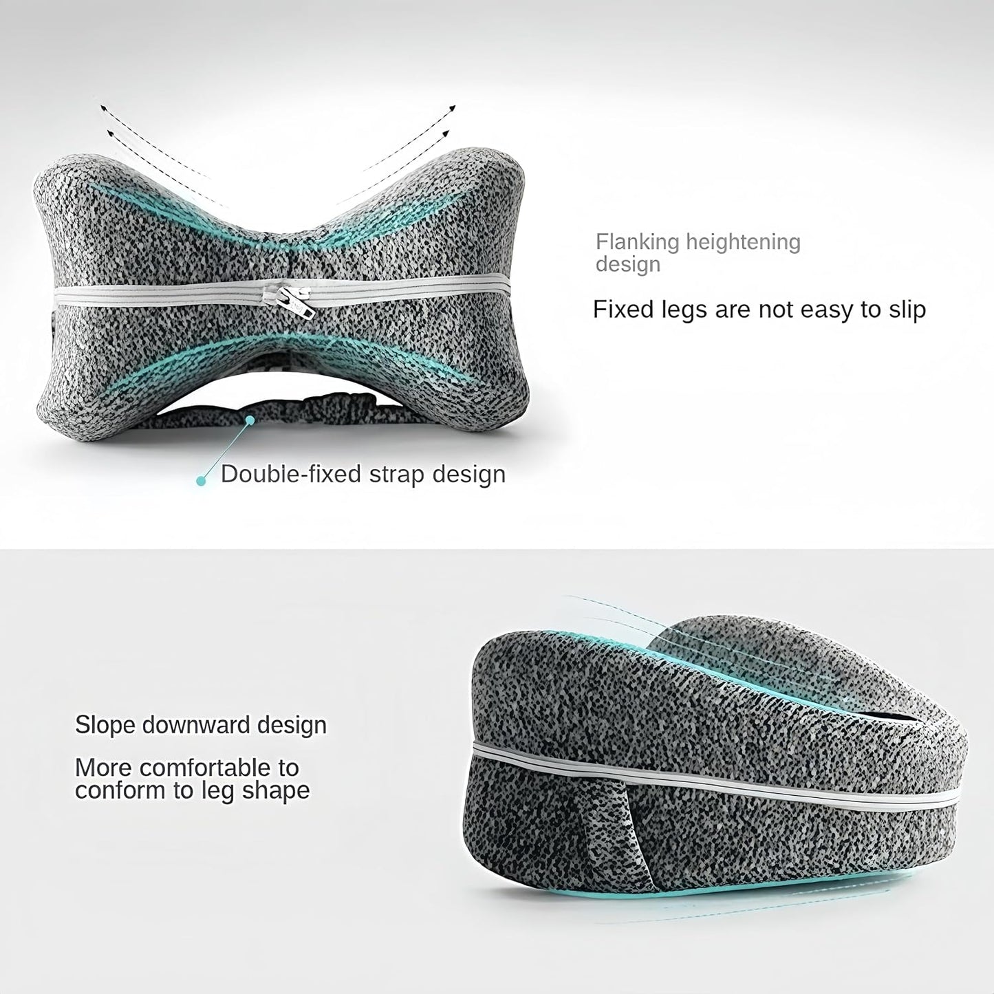 Memory Foam Knee Pillow for Side Sleepers, Hip & Spine Support, Grey | Ergonomic contour, adjustable elastic strap, breathable cover, durable memory foam, versatile for bed, sofa, office, travel