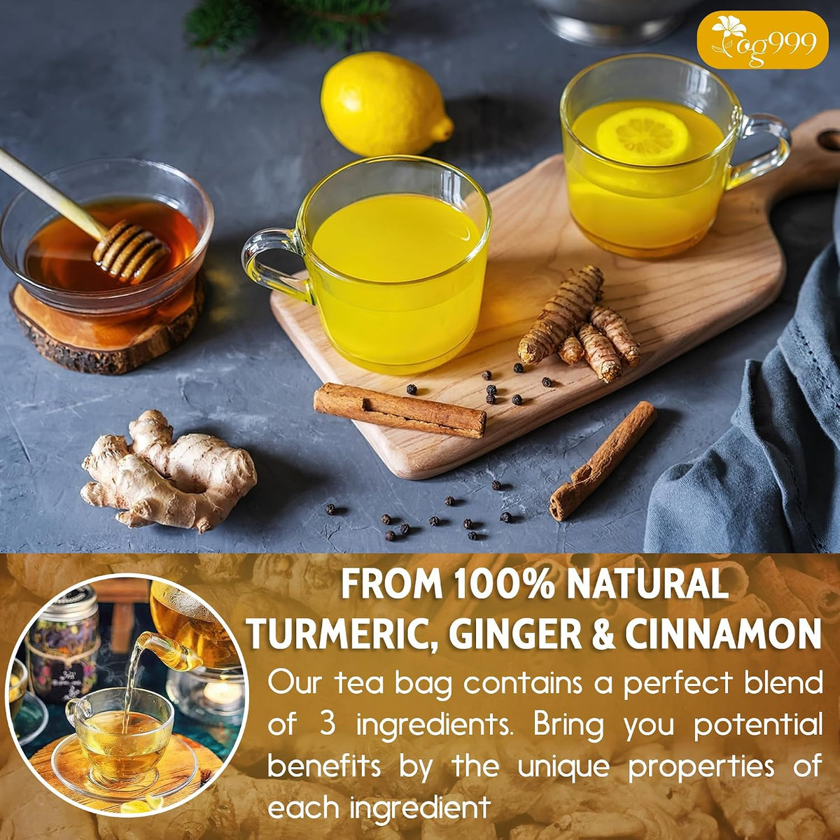 TOG999, 30 Bags Premium Turmeric Ginger Cinnamon Tea, Improve Digestion, Support Brain, Weight, Skin and Sleep, Eco-Conscious Tea Bags and Premium Natural Ingredients. Turmeric Ginger Herbal Tea. No Sugar, No Caffeine, No Gluten, Vegan.