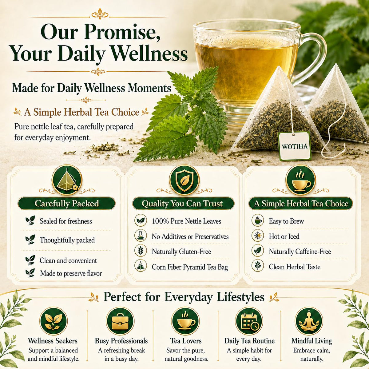WOTIHA Stinging Nettle Leaf Tea Bags, 80 Count, Caffeine-Free Herbal Tea