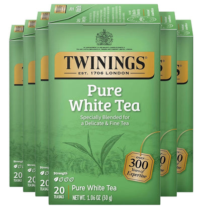 Twinings Pure White Tea Individually Wrapped Bags, 20 Count (Pack of 6), Light & Fresh, Caffeinated, Enjoy Hot or Iced, 120 Teabags