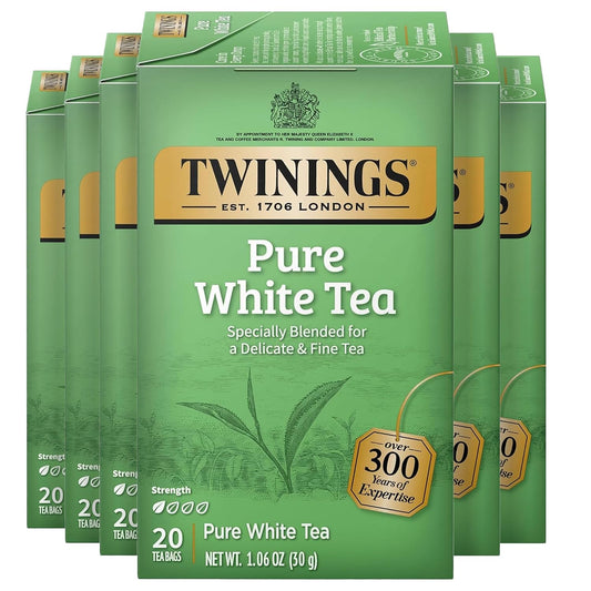 Twinings Pure White Tea Individually Wrapped Bags, 20 Count (Pack of 6), Light & Fresh, Caffeinated, Enjoy Hot or Iced, 120 Teabags