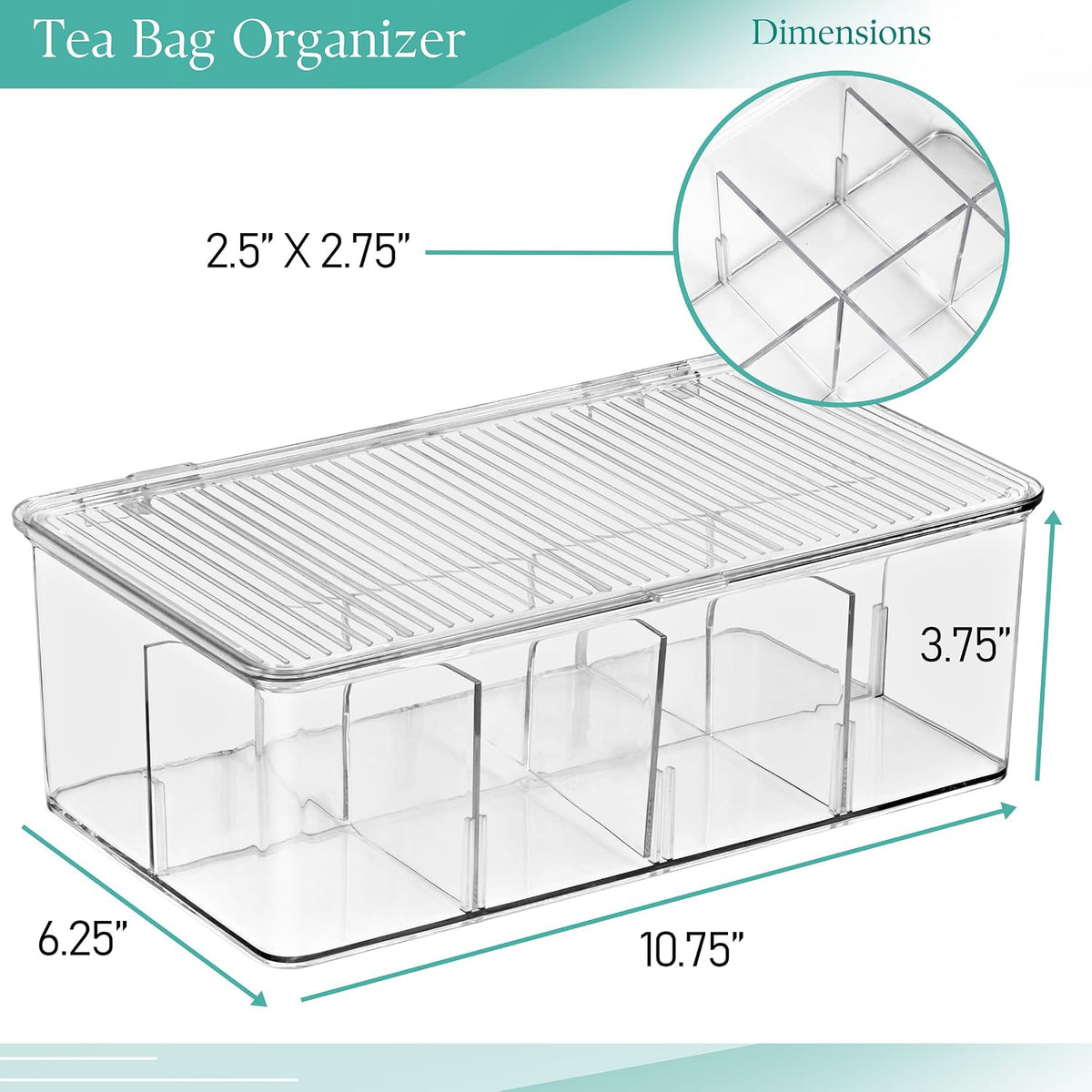 Sorbus Tea Bag Organizer, 2-Pack Clear Bins with Removable Dividers