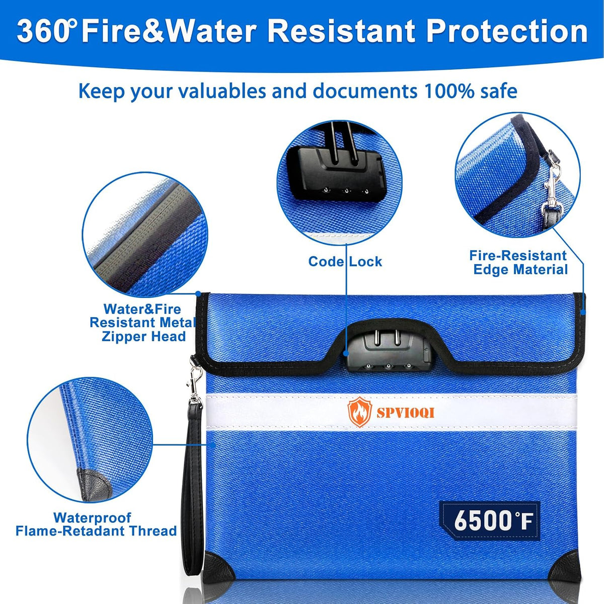 6500°F Upgraded Fireproof Document Bag with Lock, Fire proof Money Bag for Cash w. Zipper/Reflective Strip, 10 Layers of Heat Insulated Materials, Water Resistant Fireproof Bag for Documents, Fire Bag