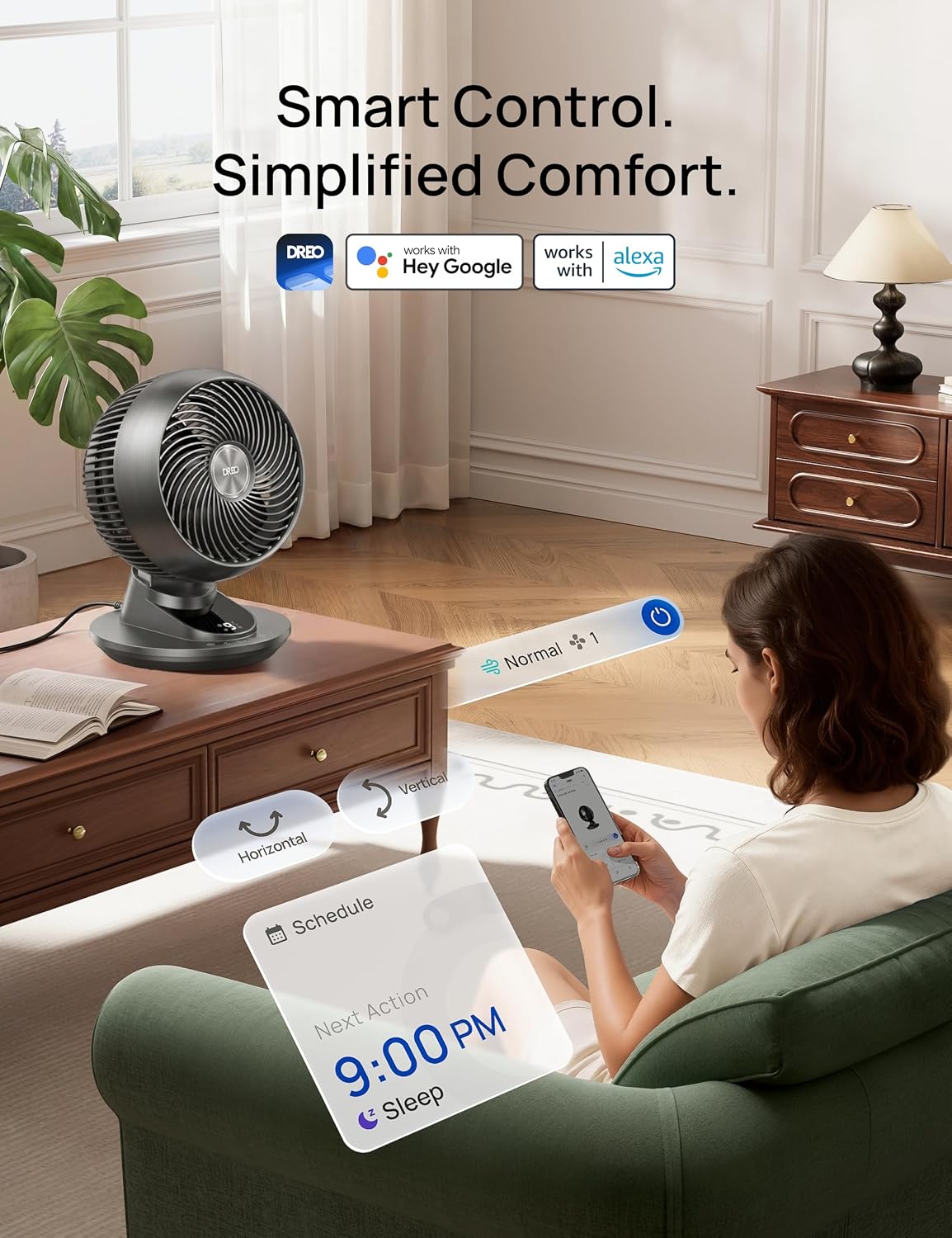 DREO Smart Fan for Bedroom, Powerful 85 ft Airflow, 12 Inches, Desk Fans in 20dB Quiet, 90°+90° oscillating fans, App/Voice Control, 9 Speeds & 8/12H Timer for Home Office Dorm