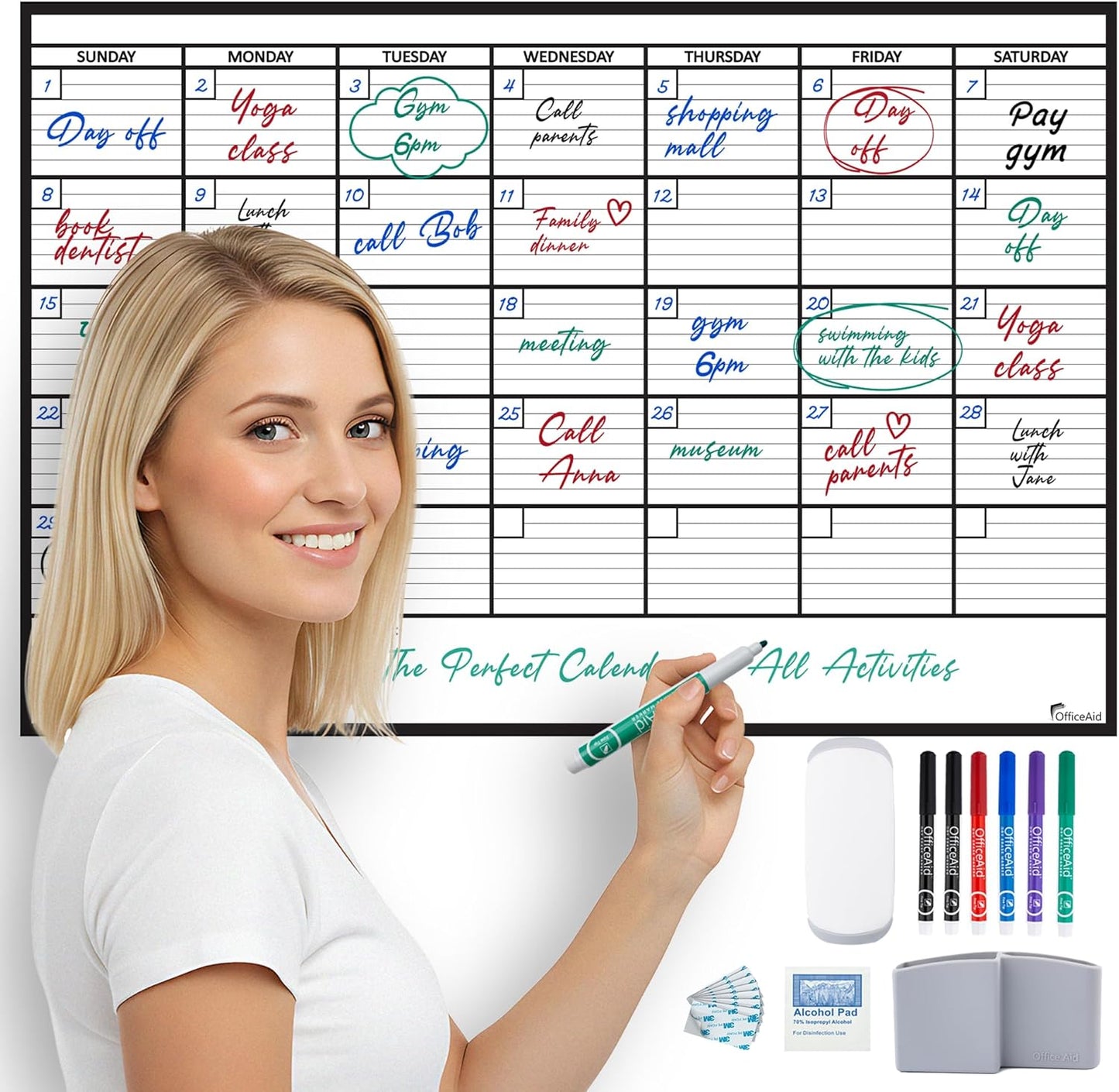 Large Dry Erase Calendar for Wall 36x48, Big Classroom Giant Month, Undated Reusable Family Monthly, Rolled Whiteboard White Board, Calendar Dry Erase Planner for Wall Erasable Large Office 48x36