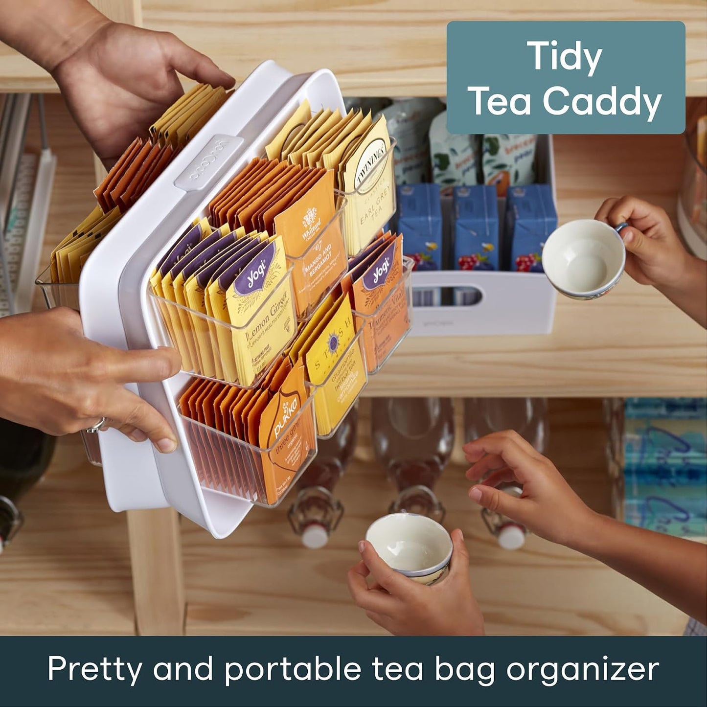 YouCopia TeaStand Tea Bag Organizer with Clear Removable Bins, Cabinet or Pantry Storage Caddy, 80-Bag