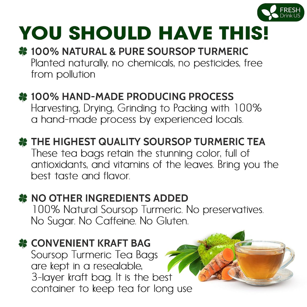 FreshDrinkUS, Premium Soursop Turmeric Tea, 60 Count, Caffeine Free, Vegan