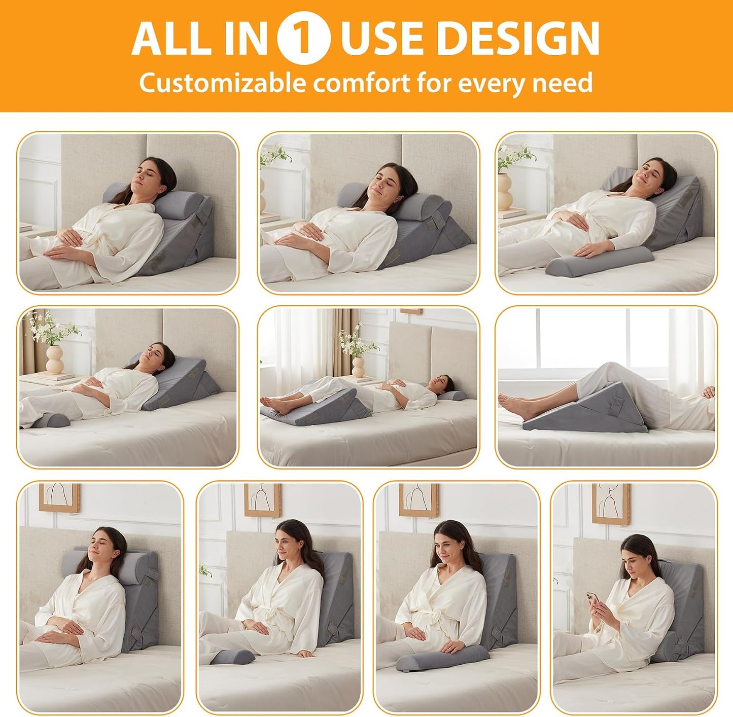 Ruqmuis 3PCS Wedge Pillow Set for After Surgery, Adjustable 9&12 Inch Bed Wedge Pillow for Sleeping, Incline Pillow Wedge for Headboard, Post Surgery, Acid Reflux, Neck&Back Support, White/Grey