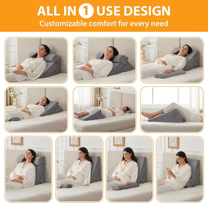 Ruqmuis 3PCS Wedge Pillow Set for After Surgery, Adjustable 9&12 Inch Bed Wedge Pillow for Sleeping, Incline Pillow Wedge for Headboard, Post Surgery, Acid Reflux, Neck&Back Support, White/Grey