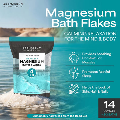 Aromasong Dead Sea Magnesium Flakes for Bath - More Than 16,325 Mg Magnesium Chloride per Bath - Superior Alternative to Epsom Salt - Used as Muscle & Foot Soak - 4 Lb Bag
