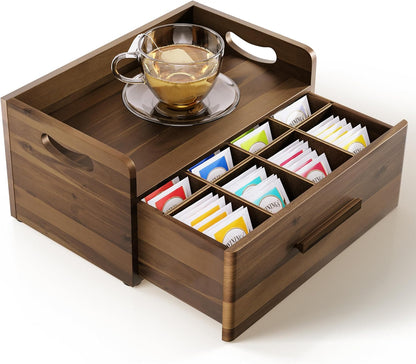TINAMO Acacia Wooden Tea Box Organizer with Drawer for Tea & Coffee Storage
