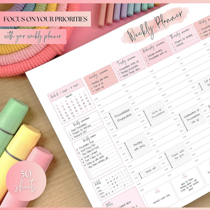Weekly Hourly Planner Notepad, Daily Planner Desk Pad, Weekly Schedule, To Do List Note Pad, ADHD Planner | 50 Undated Tear Away Sheets | A4 (Rainbow)
