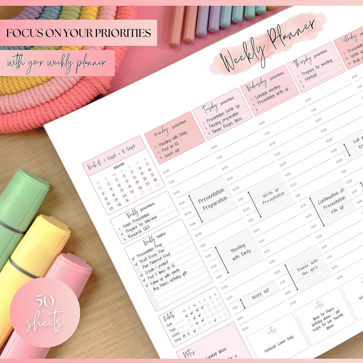 Weekly Hourly Planner Notepad, Daily Planner Desk Pad, Weekly Schedule, To Do List Note Pad, ADHD Planner | 50 Undated Tear Away Sheets | A4 (Rainbow)
