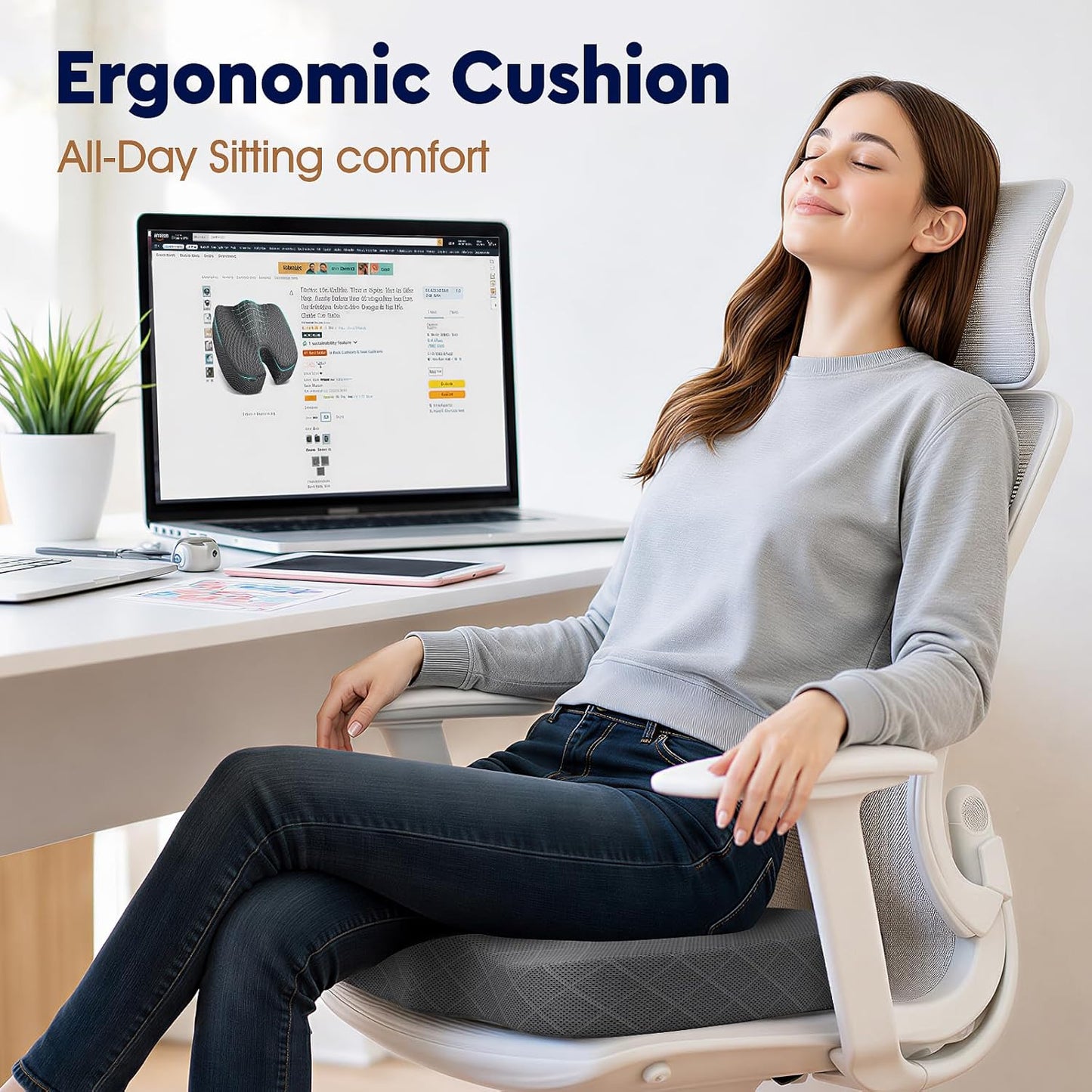 TushGuard Seat Cushion - Memory Foam Sitting Pillow for Office Chair, Car Seat, Airplane, Bleacher - Sciatica & Hip & Coccyx Pain Relief Desk Chair Cushion for Long Sitting Office Workers, Car Drivers
