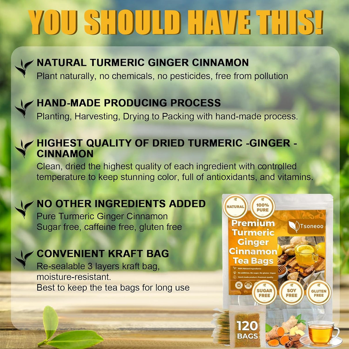 Premium Turmeric, Ginger, Cinnamon Blend Tea Bags, 100% Natural & No Additives & Caffeine Free. (1BOX)