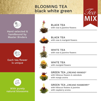 Creano Blooming Tea Gift Set with Glass Teapot 17oz (500ml) - Green Tea Fruity Flavoured Tea Flowers in 6 Varieties - Flowering Tea Gift for Easter