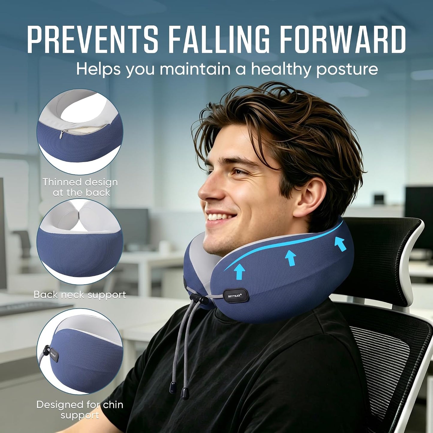 SKYTRAX COMF® Premium Ergonomic Memory Foam Travel Neck Pillow, Washable Cooling Ice Silk Cover, Firm Neck Support for Airplane Long Flights & Pain Relief, with Portable Carry Case (Grey)