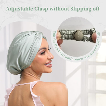 Adjustable Silk Satin Bonnet for Sleeping Hair Wrap, Double Layer Sleep Cap, Night Turban for Large Long Curly Braid Women Men Hair - Matcha Green