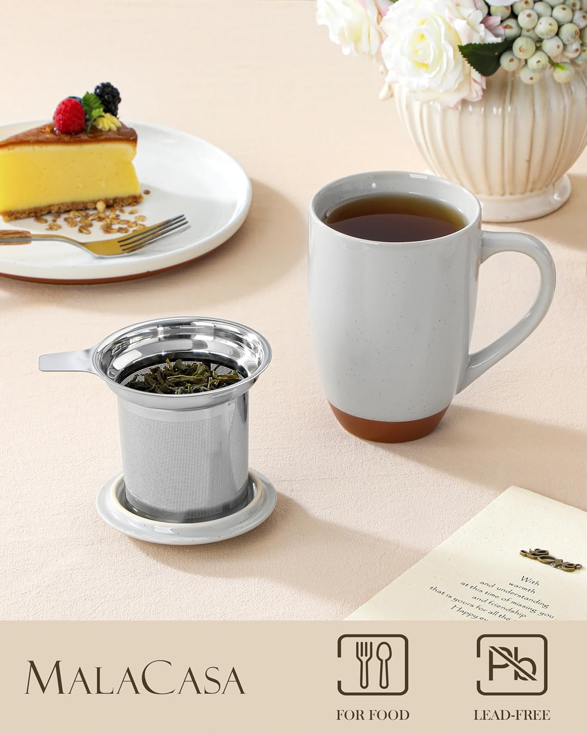 MALACASA Ceramic Tea Mug with Lid and Stainless Steel Infuser, 18 oz Large Tea Cup for Loose Leaf Tea, Heat-Resistant, Microwave & Dishwasher Safe, Speckled Glaze Coffee & Tea Brewer Mug, Khaki White