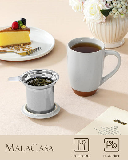 MALACASA Ceramic Tea Mug with Lid and Stainless Steel Infuser, 18 oz Large Tea Cup for Loose Leaf Tea, Heat-Resistant, Microwave & Dishwasher Safe, Speckled Glaze Coffee & Tea Brewer Mug, Khaki White