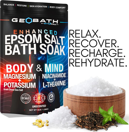 Magnesium Epsom Salt & Dead Sea Salt Skincare Bath Soak | Skin Barrier Support, Hydration & Muscle Relief with Hyaluronic Acid, Niacinamide +6 Skincare Ingredients | GEOBATH | 3lbs