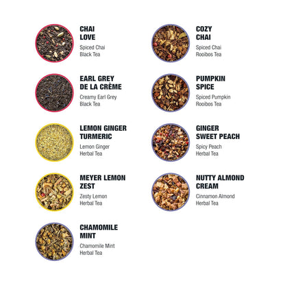 Tiesta Tea Fall Medley Dry Flight Set – Assorted Herbal, Black, Chai, and Fruit Tea Blends for Hot or Iced Brewing, Caffeine Free Loose Leaf Sampler Set with 9 Resealable Pouches