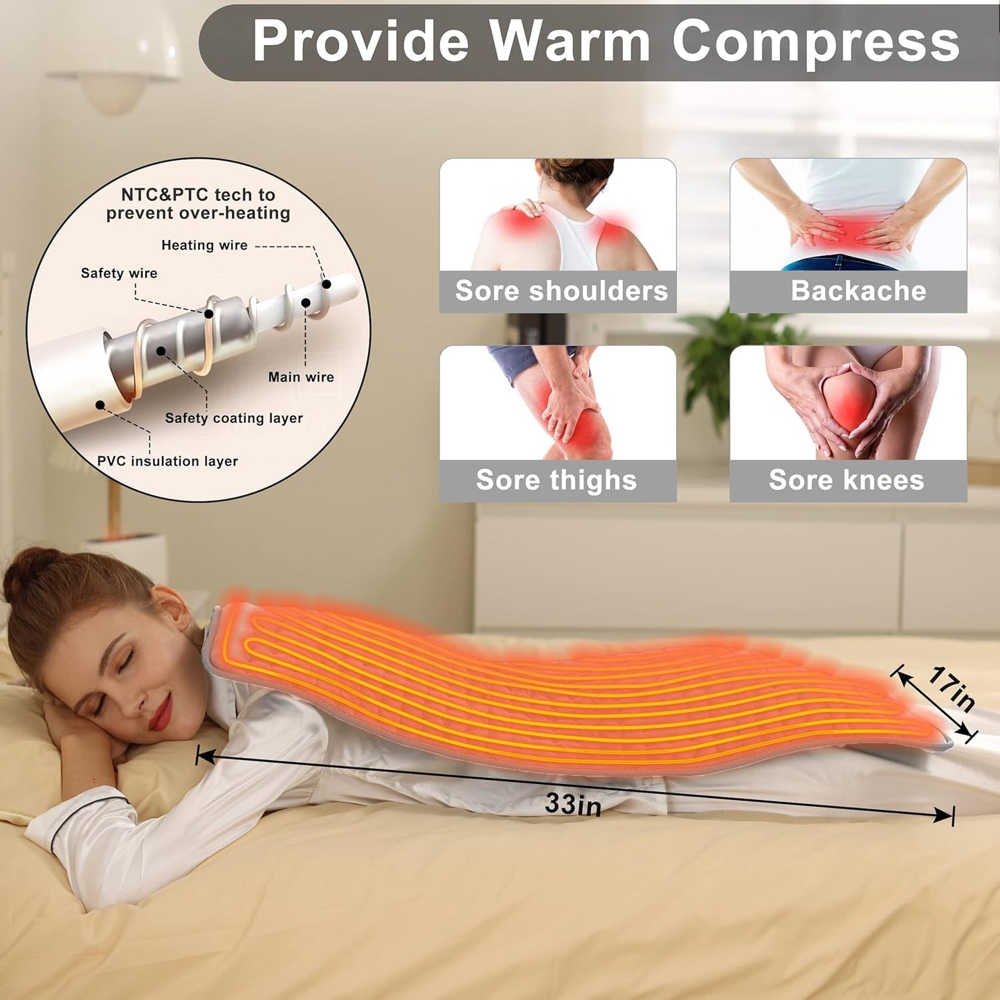 Heating Pad Electric Heat Pad, Hot Heated Pad,Multiple Temp and Timer Settings,Suitable for Shoulders, Neck, arms, Abdomen, Back, Legs, etc. (Silver Gray, 24"X12")