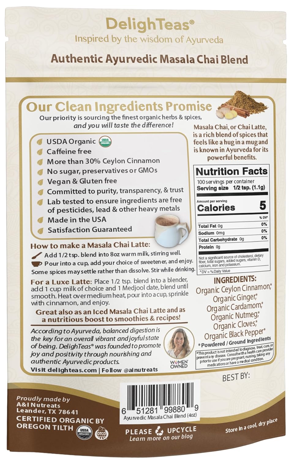 DelighTeas Organic Masala Chai Powder | Caffeine free, Unsweetened, Vegan, Keto | Ayurvedic Digestive Support blend for Chai Spice Tea | 100 Servings, 4oz
