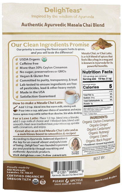 DelighTeas Organic Masala Chai Powder | Caffeine free, Unsweetened, Vegan, Keto | Ayurvedic Digestive Support blend for Chai Spice Tea | 100 Servings, 4oz