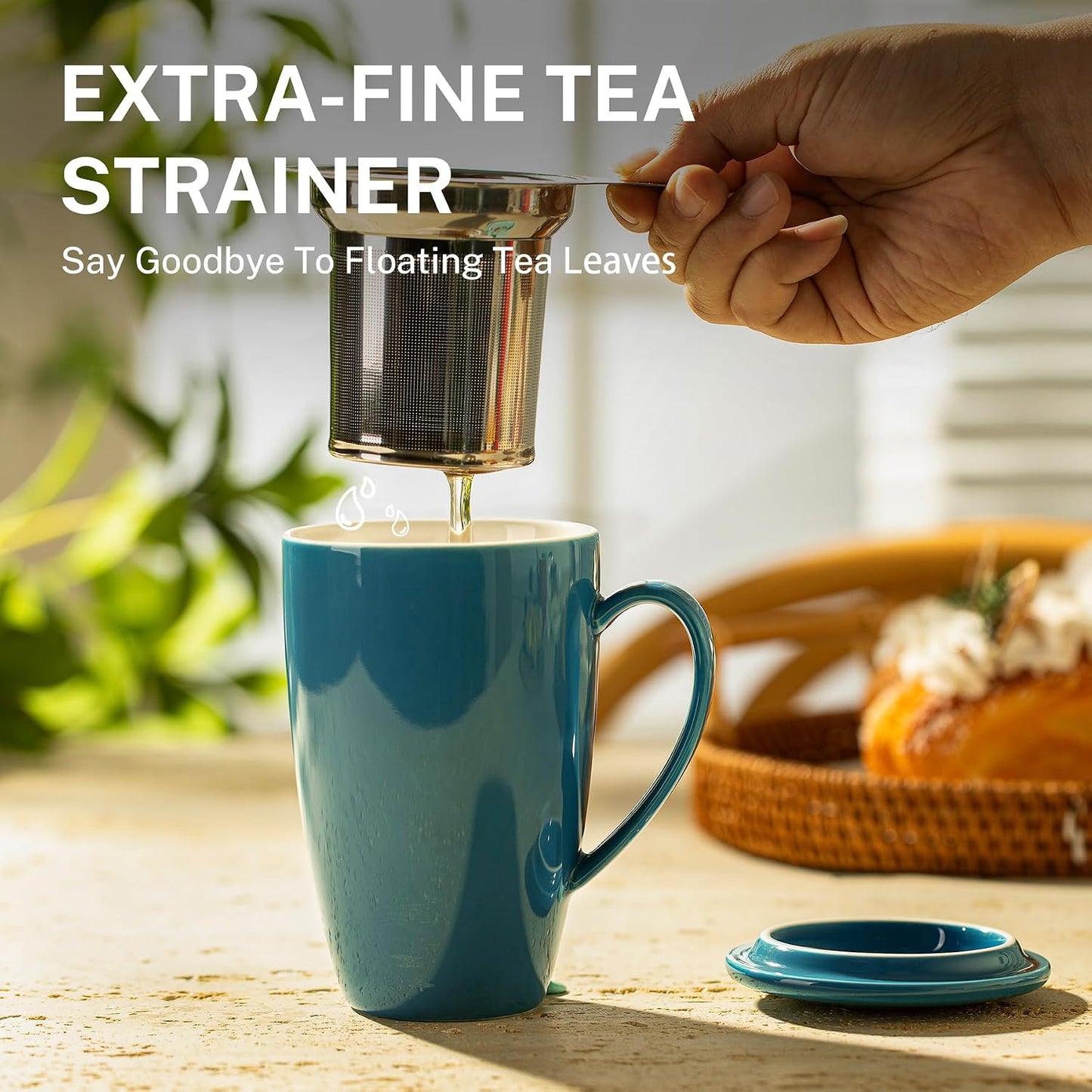Sweese 15oz Porcelain Tea Mug with Infuser and Lid – Microwave Safe, Ergonomic Handle, Lead-Free Glaze, for Loose Leaf Tea