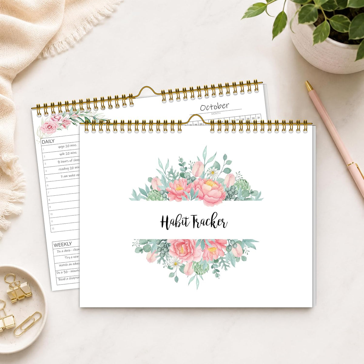 Habit Tracker Calendar Undated for Daily, Weekly & Monthly, 8" x 10" (Pink)