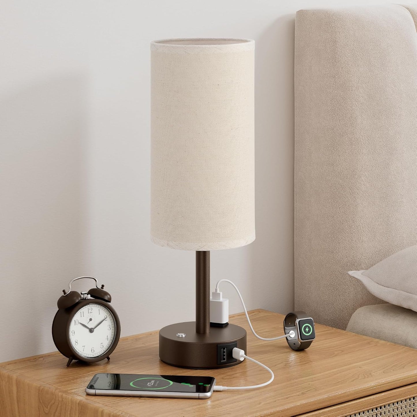 Touch Bedside Table Lamp with Memory - Stepless Dimmable Lamp for Bedroom, Small Nightstand Lamp with Dual USB Charging Ports and AC Outlet, Wood Night Light, Desk Lamp for Nursery, Living Room, Dorm