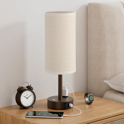 Touch Bedside Table Lamp with Memory - Stepless Dimmable Lamp for Bedroom, Small Nightstand Lamp with Dual USB Charging Ports and AC Outlet, Wood Night Light, Desk Lamp for Nursery, Living Room, Dorm