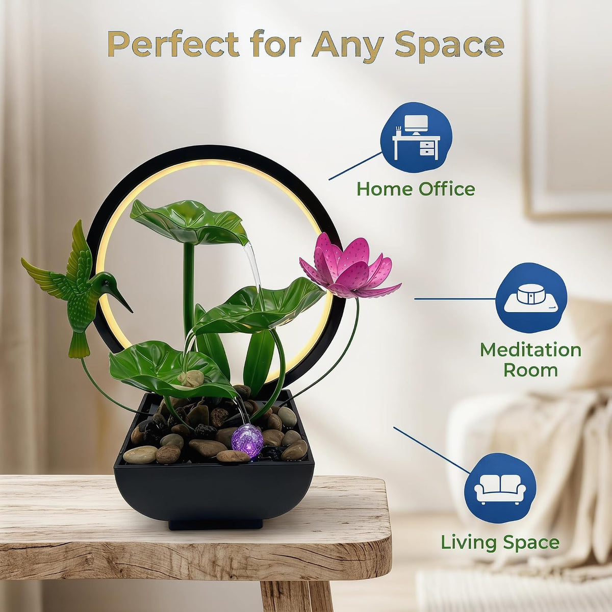 Tabletop Fountain,Indoor Water Fountain,Home Fengshui Décor Zen Relaxation Soothing Sound Machine for Office,Living Room,or Bedroom,Green Lotus,Hummingbird & Pink Flower,9.1inch