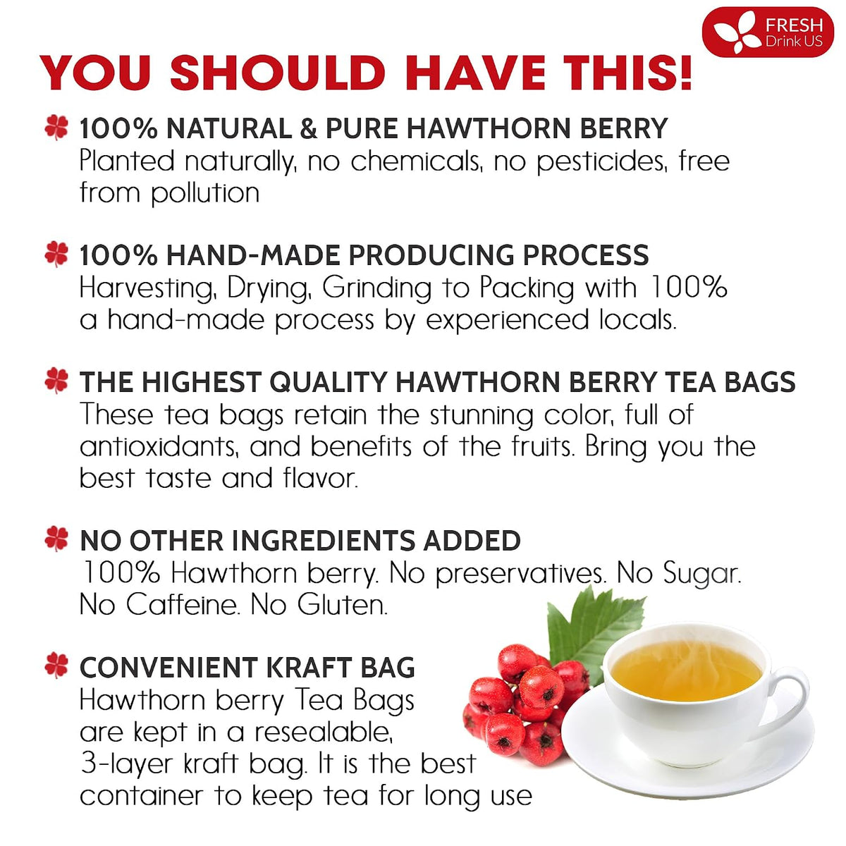 FreshDrinkUS, Premium Hawthorn Berry Tea, 75 Count, Pure, Caffeine Free