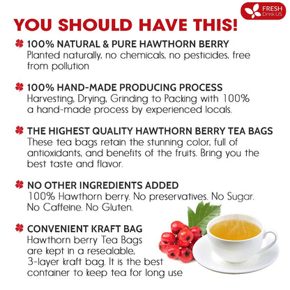 FreshDrinkUS, Premium Hawthorn Berry Tea - 40 Tea Bags - 100% Natural Herbal Infusion, Caffeine-Free, Rich Aroma & Smooth Taste. Vegan