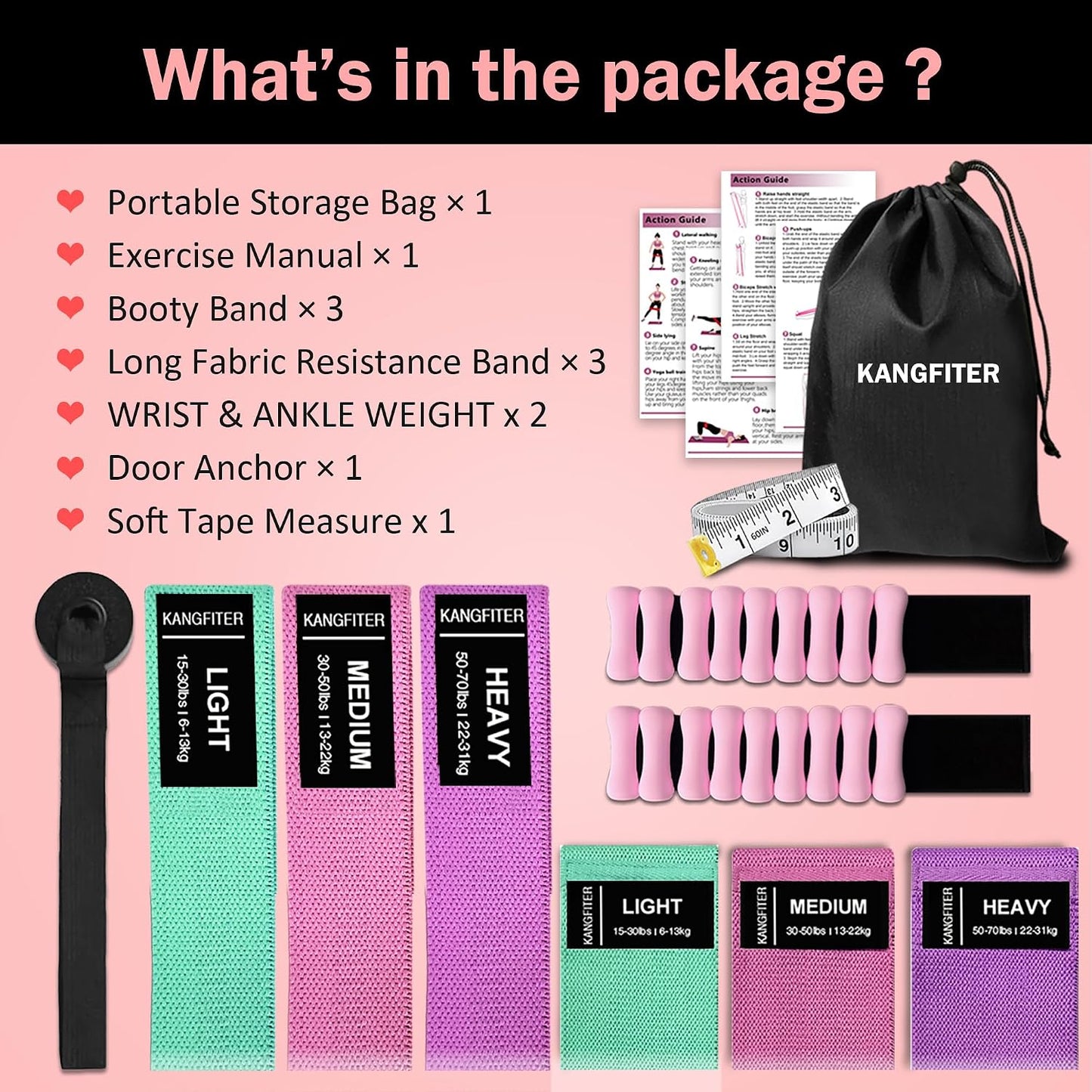 KANGFITER Long and Short Fabric Resistance Bands with Door Anchor, Non-Slip Stretch Booty Bands for Working Out Women & Men, Loop Exercise Elastic Bands for Home Physical Therapy Yoga Pilates