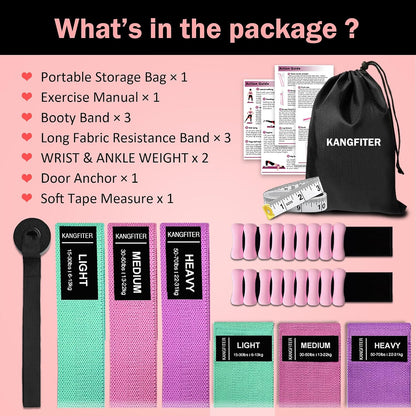 KANGFITER Long and Short Fabric Resistance Bands with Door Anchor, Non-Slip Stretch Booty Bands for Working Out Women & Men, Loop Exercise Elastic Bands for Home Physical Therapy Yoga Pilates