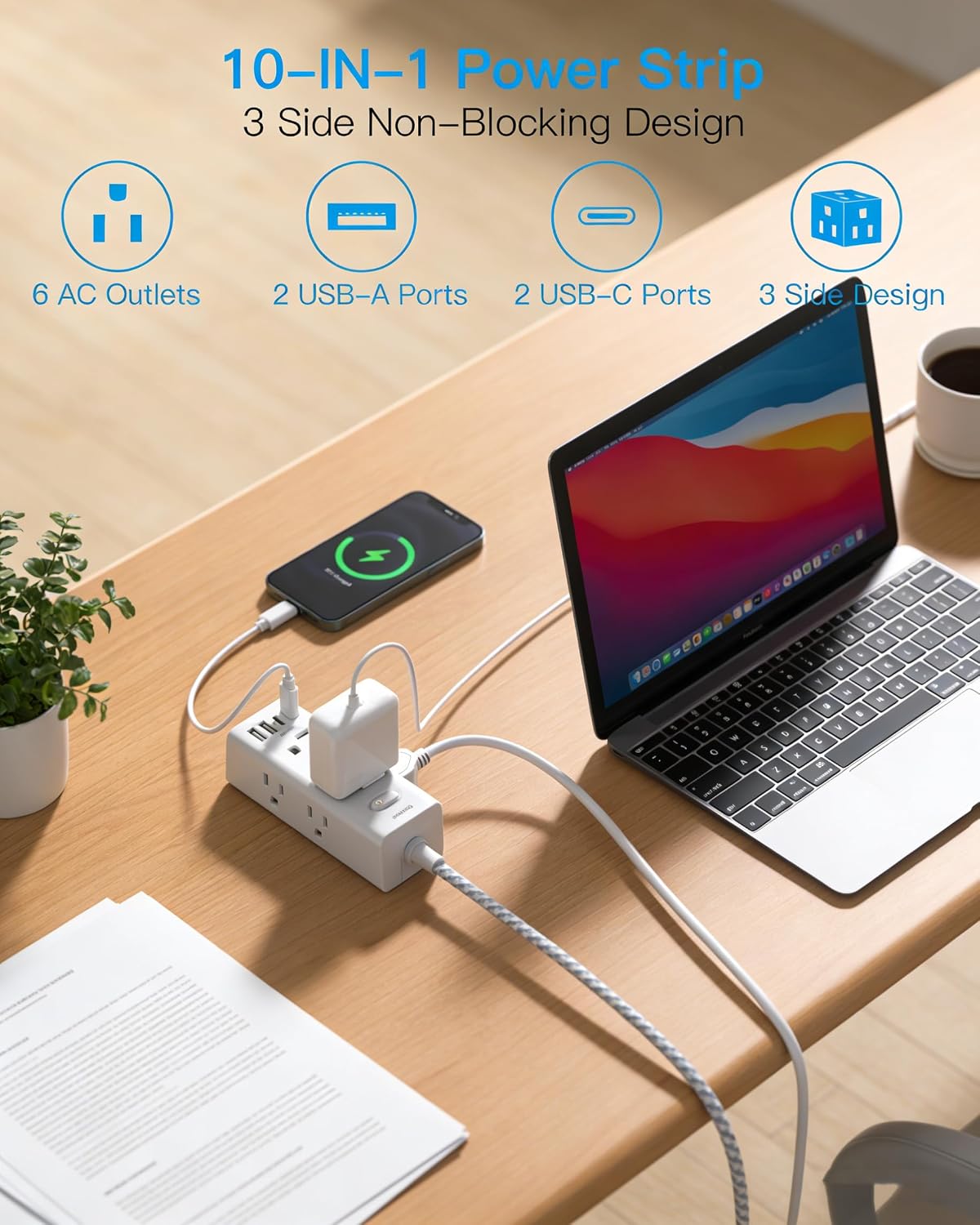 One Beat 10Ft Extension Cord with Multiple Outlets,Flat Plug Power Strip