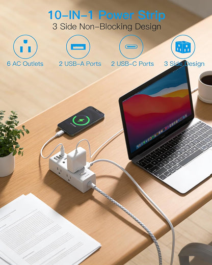One Beat 10Ft Extension Cord with Multiple Outlets,Flat Plug Power Strip