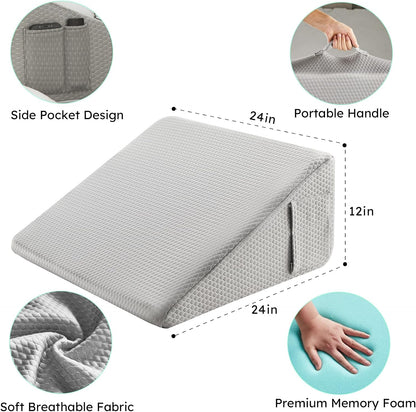 Bedluxe Wedge Pillow, 10 inch Bed Wedge Pillow for Headboard, Pillow Wedge for Acid Reflux Relief, Sleeping, Back Pain Relief, Snoring, Triangle Pillow Wedge, White/Grey