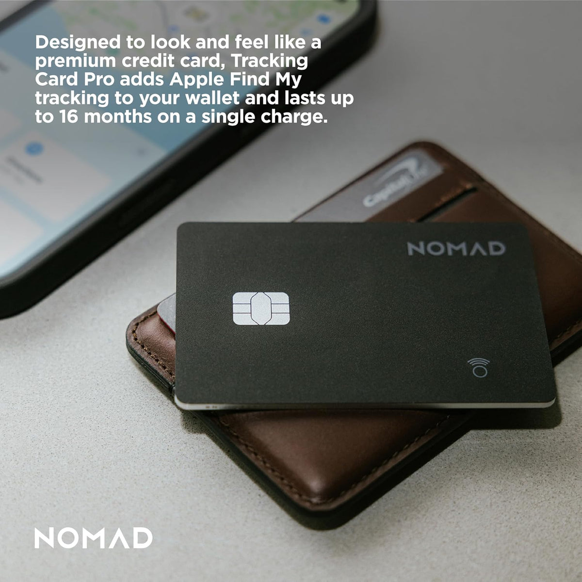 Nomad Tracking Card Carbide, Slim Card Tracker with IPX7 Waterproof and Dust Proof Card Tracker for Wallet & Luggage, 5 Months GPS Tracker Long Battery Life, Rechargeable, Compatible with iOS Only
