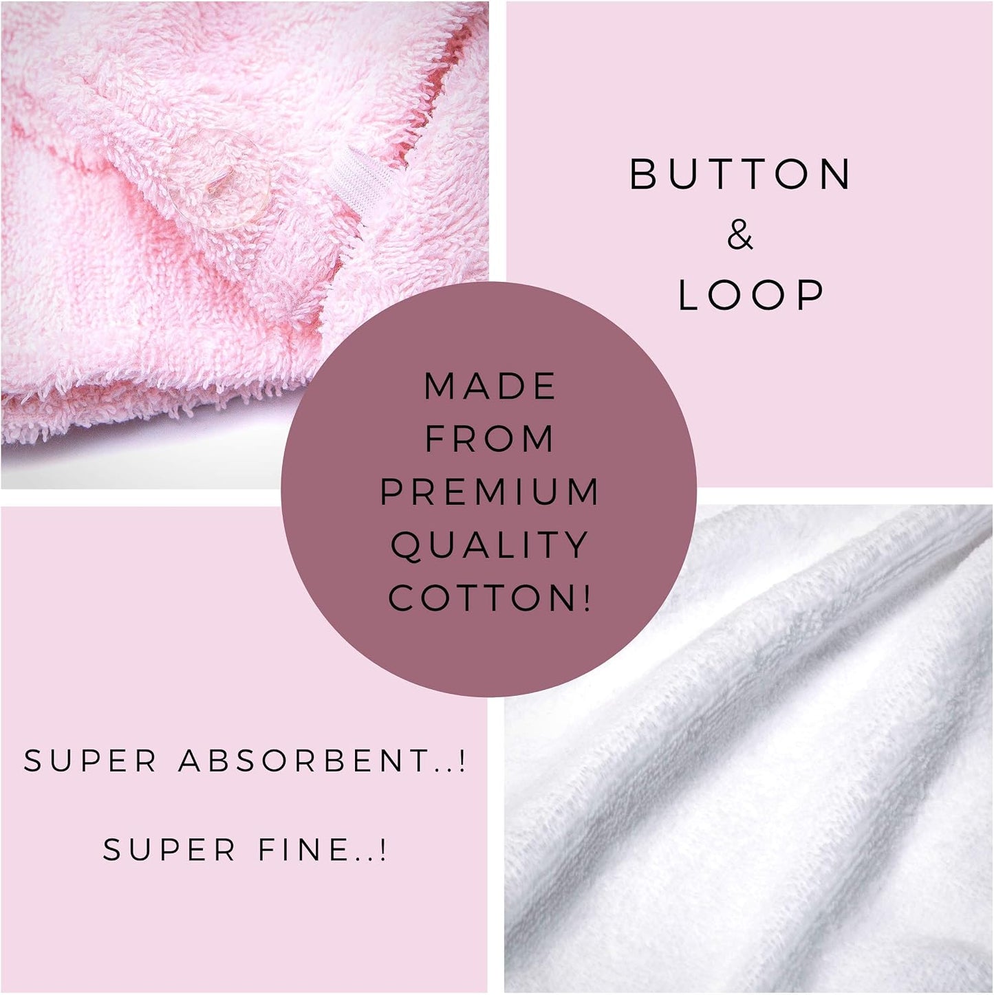 KEEPOZ 100% Cotton Hair Towel Wrap Quick Dry Super Absorbent Turban Head Wrap for Women with Button, Anti Frizz, Hair Cap for Curly, Long & Thick Hair (White, 1 Pc)
