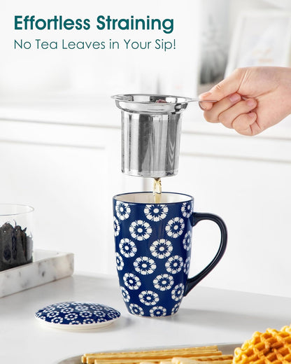 vancasso SELENE Porcelain Tea Mug, 18 oz Porcelain Tea Cup with Infuser and Lid Steeps Loose Leaf Tea, Microwave & Dishwasher Safe, Blossom Cluster