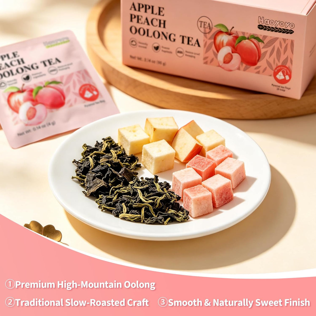 HAOYOYO Apple Peach Oolong Tea Bags, Fruity Oolong Tea, 20 Pyramid Tea Bags (4g Each), Smooth Floral Tea