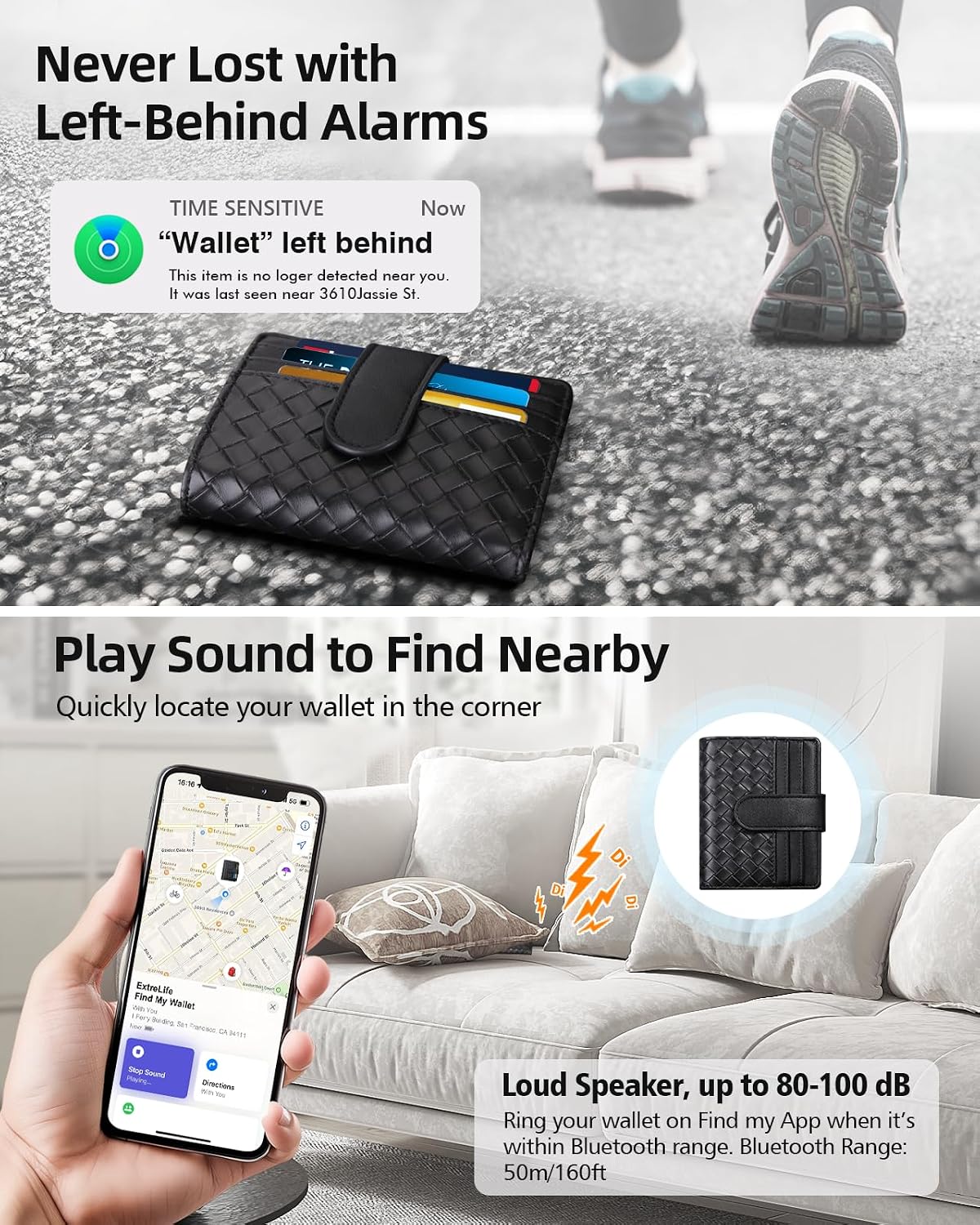 Smart Women Wallet with Find My, Wallet Tracker, RFID Blocking Bifold Credit Card Holder, Left-Behind Alerts, Play Sound, Anti-Loss, Wireless Rechargeable, Works with iPhone, iPad, Mac, Black