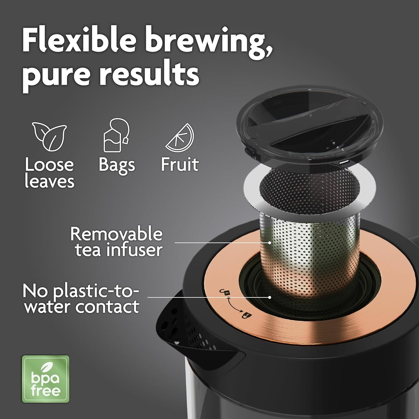 Viante Alba Electric Tea Kettle with Infuser, No Plastic In Contact With Water, 1.5L Borosilicate Glass, 304 Stainless Steel, 4 Temperature Presets, Keep Warm, Cordless, Auto Shut-Off
