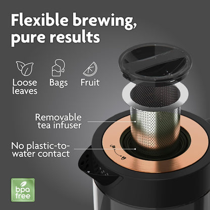 Viante Alba Electric Tea Kettle with Infuser, No Plastic In Contact With Water, 1.5L Borosilicate Glass, 304 Stainless Steel, 4 Temperature Presets, Keep Warm, Cordless, Auto Shut-Off