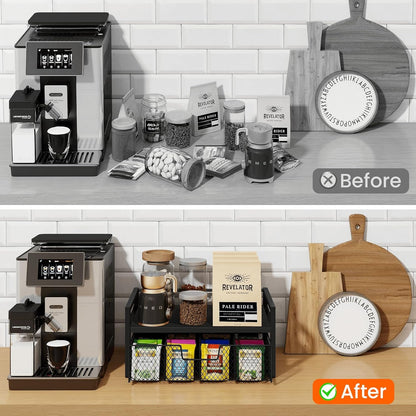 Homode Wood Tea Bag Organizer, Teabag Holder with Drawer, Tea Organizers and Storage Box, 8 Compartments Tea Caddy Station Chests Display Container for Counter Kitchen, Black