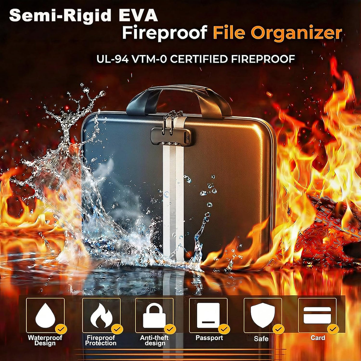 Fireproof Document Organizer with Lock, Semi-Rigid EVA Shell File Box with 13-Pocket Accordion Folder, Water-Resistant Storage for Important Documents, Passports & Certificates